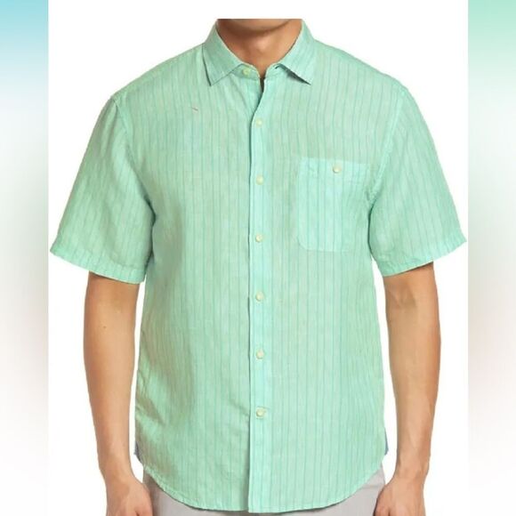 Tommy Bahama Sand Linen Surfside Stripe Linen Blend Camp Shirt Size M - Picture 1 of 9